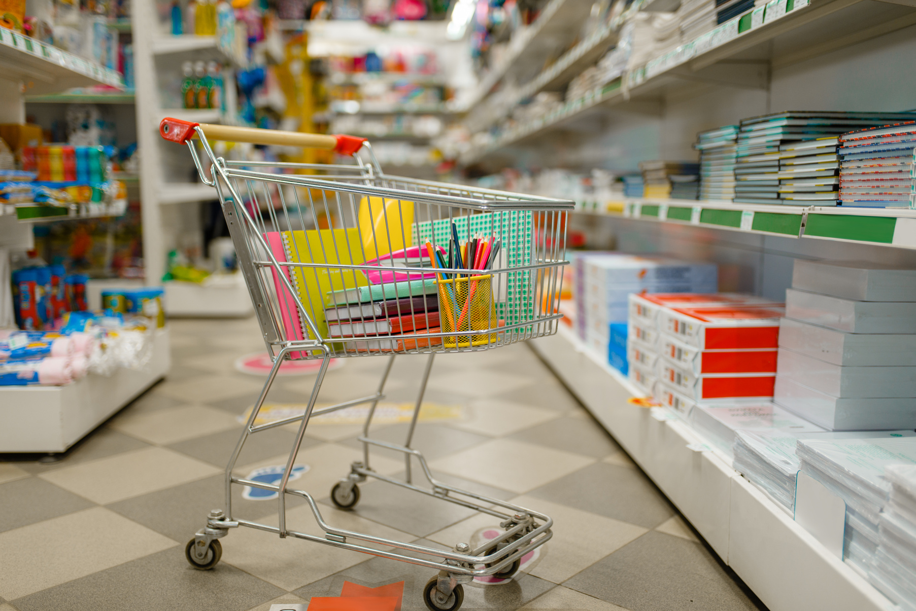 Cart with Office Supplies in Stationery Store